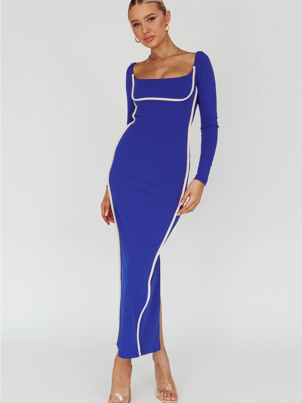 Royal Blue Long-Sleeve Bodycon Dress with Contrast Piping